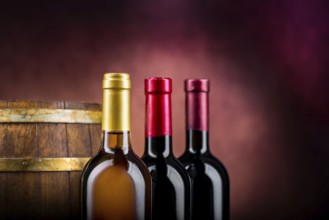 Three bottles of wine and wooden barrel on a burgundy background