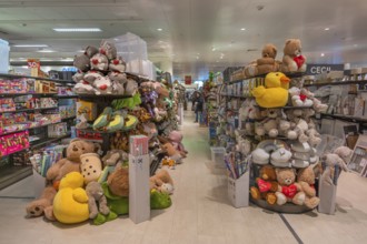 Shelves with soft toys and games, one-euro shop, Allgäu, Bavaria, Germany