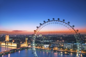 Houses of Parliament and London Eye at dusk