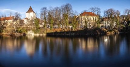 Freimannsturm, medieval town tower on the river Mur, long exposure, panoramic shot, Leoben, Styria,