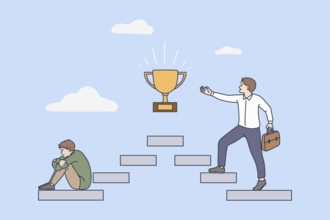 Happy motivated man on career steps walk to success or goal achievement, male in depression from