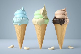 Illustration 3d render of melting summer ice cream in a cone on a pastel background, multicolored