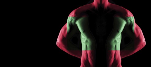 Maldives flag on muscled male torso with abs, black background