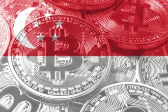 Singapore bitcoin flag, national flag cryptocurrency concept black background