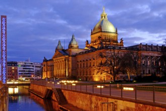 Federal Administrative Court at the illuminated Mühlgraben in the blue hour. Leipzig, Saxony,