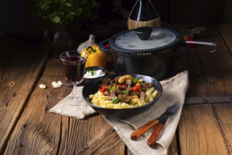 Fussili pasta with minced spiced goulash and paprika