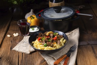 Fussili pasta with minced spiced goulash and paprika