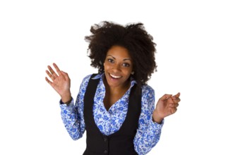 Laughing African-American woman cropped on a white background