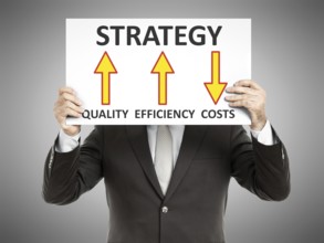 A business man holding a paper in front of his face with a strategy