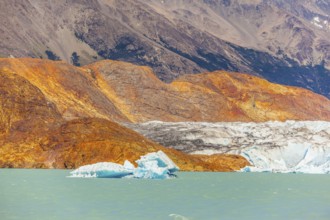 Massive glacier descends into the emerald water. In the water ice-floes, broken away from a glacier