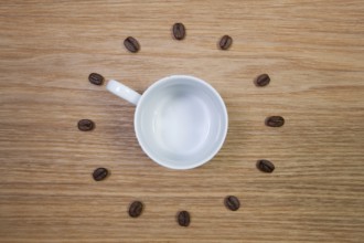 Coffee Time - Empty coffee cup and clock of coffee beans