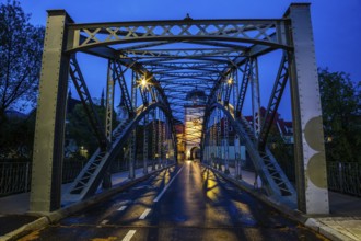 Waasenbrücke and Schwammerlturm, landmark of Leoben, blue hour, Leoben, Styria, Austria