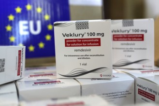 Sofia, Bulgaria - 29 October, 2020: Veklury remdesivir medication packs for the treatment of