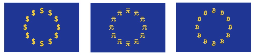 Flag of European Union, stars replaced with dollar, renminbi or yuan, bitcoin sign. Eurozone trade