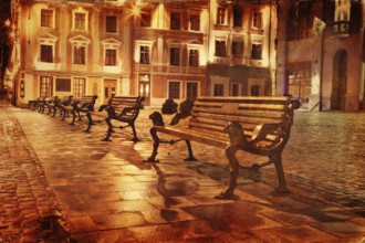 Vintage style image of old european town at night