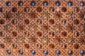 Toledo, Spain, December 6, 2019: Wooden coffered ceiling in the upper level of the cloister of San