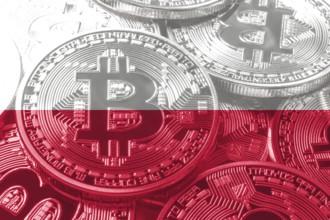 Poland bitcoin flag, national flag cryptocurrency concept black background