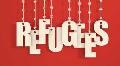 Image relative to migration from africa to european union. Refugees text hanging by barbed wire