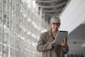 An elderly businesswoman stands confidently in a contemporary office space, engaging with a tablet.