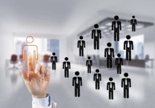 Concept of leadership and teamworking with many icons and one of them standing out