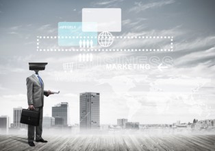 Businessman with camera instead of head and media user interface on screen