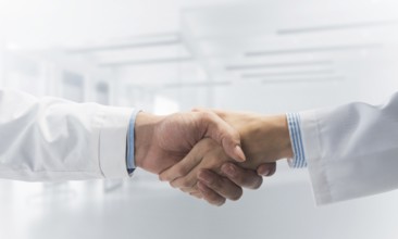 Close-up of the handshake between the two medics. Against the backdrop of the cityscape