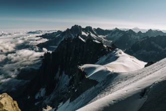 Snow-covered mountain peaks under a blue sky, sunlight and clouds over the landscape, France, Alps,