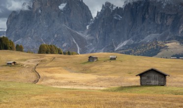 Landscape with beautiful autumn meadow field and the amazing Dolomite rocky peaks. Valley of Alpe