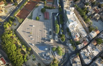Aerial drone view of a an empty car parking in the center of Nicosia Cyprus