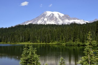 Panorama Lake in Mount Rainier National Park, Washington, USA. Panorama with lake in Mount Rainier