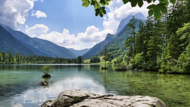 At the beautiful, idyllic Hintersee near Ramsau with a view of the Reiteralpe