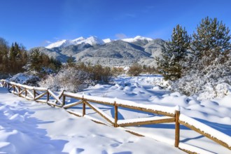 Travel winter rural mountain landscape panoramic view, trees and fence covered with snow