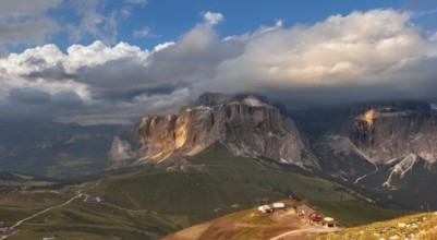 Panoramic view of Sella group mountain, Val di Fassa, Italian Dolomites