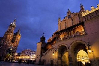 The city of Krakow in Poland. Market square with (from left to right) St Mary's Cathedral,