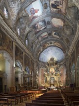 Majorca, Pollenca, Esglesia Nostra Senyora dels Angels, view of the altar, ceiling paintings by