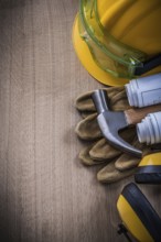 Hammer goggles construction drawings safety cap protective gloves and earmuffs