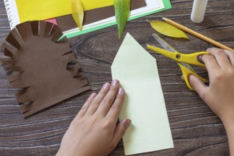 Instruction step 4. Postcard hedgehog with an apple on a wooden table. Handmade. Project of