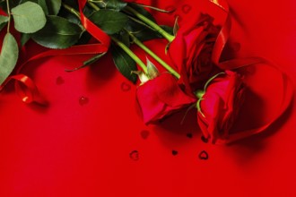 Red roses and heart shaped decor on a red background. Copy space for your design or message