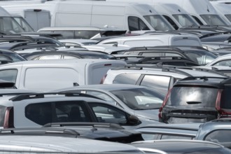 Many cars are parked closely together, filling up a large outdoor parking lot
