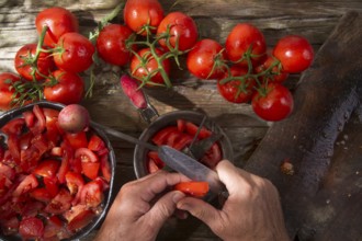 Preparation with strainer preserve fresh smooth round tomato