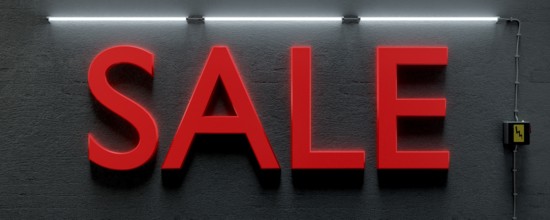 3d illustration of a underground wall with neon lights and word sale