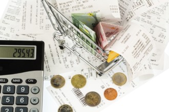 Shopping trolleys, banknotes and receipts, symbolising purchasing power, consumption and inflation