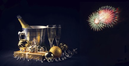 New Year's motifs clock, glasses and confetti