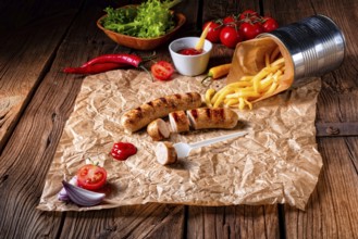 Rustic bratwurst with pommes and hot ketchup