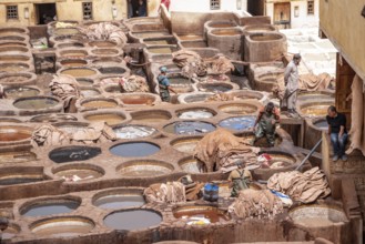 FES, MOROCCO, ARIL 10, 2023, Famous tannery in the medina of Fes, where leather is being processed