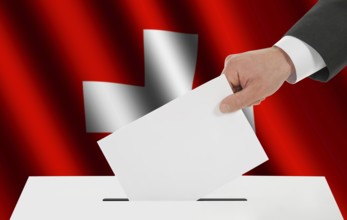 The Swiss flag and the hand with the bulletin about the ballot box
