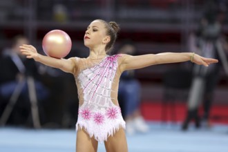 Sofia, Bulgaria - 30 March, 2018: Alina Baklagina Latvia performs with ball during Rhythmic