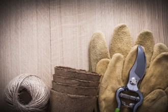 Sharp pruning shears leather safety gloves peat pots and hank of string on vintage wooden board