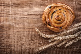 Tasty raisin roll bunch of wheat ears on oak wooden board food and drink concept