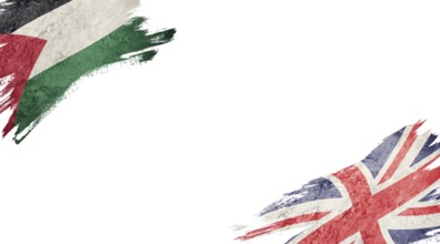 Flags of Palestine and Great Britain on white background